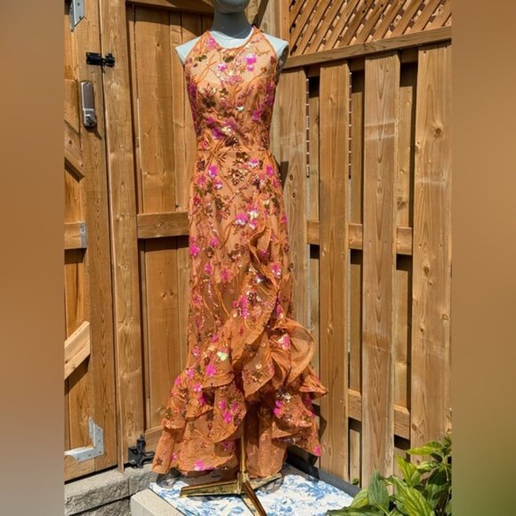 🆕 BRONX & BANCO🧿 NWOT Sicilia Coral Sequin Fluted Hem Maxi Dress, Sz XS US2 - Picture 3 of 15